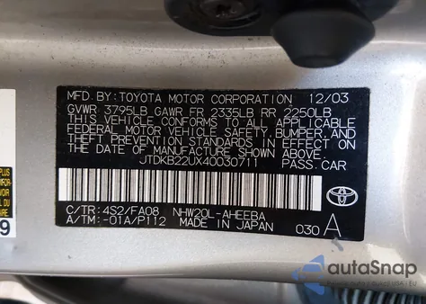 2004 Toyota Prius из США, поврежденный, VIN JTDKB22UX40030711